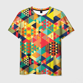 Мужская футболка 3D с принтом Геометрия , 100% полиэфир | прямой крой, круглый вырез горловины, длина до линии бедер | лоскутное шитье | паттерн | пестрый | разноцветный | треугольники