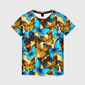 Женская футболка 3D с принтом Бабочки , 100% полиэфир ( синтетическое хлопкоподобное полотно) | прямой крой, круглый вырез горловины, длина до линии бедер | коричневый | синий