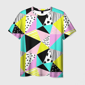 Мужская футболка 3D с принтом Треугольнички , 100% полиэфир | прямой крой, круглый вырез горловины, длина до линии бедер | лоскутное шитье | полигоны | разноцветный | яркий