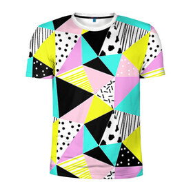 Мужская футболка 3D спортивная с принтом Треугольнички , 100% полиэстер с улучшенными характеристиками | приталенный силуэт, круглая горловина, широкие плечи, сужается к линии бедра | Тематика изображения на принте: лоскутное шитье | полигоны | разноцветный | яркий