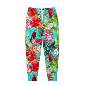 Мужские брюки 3D с принтом Тропический мир , 100% полиэстер | манжеты по низу, эластичный пояс регулируется шнурком, по бокам два кармана без застежек, внутренняя часть кармана из мелкой сетки | паттерн | разноцветный | тропики | цветы | яркий
