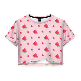 Женская футболка 3D укороченная с принтом Сочные арбузики , 100% полиэстер | круглая горловина, длина футболки до линии талии, рукава с отворотами | Тематика изображения на принте: арбузы | арт | еда | лето | фрукты