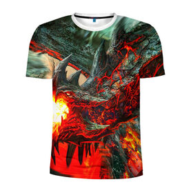 Мужская футболка 3D спортивная с принтом Дракон , 100% полиэстер с улучшенными характеристиками | приталенный силуэт, круглая горловина, широкие плечи, сужается к линии бедра | дракон | лава | огонь | пламя