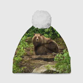 Шапка 3D c помпоном с принтом Бурый медведь , 100% полиэстер | универсальный размер, печать по всей поверхности изделия | 