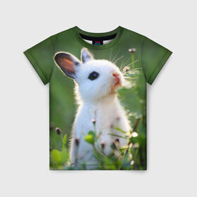 Детская футболка 3D с принтом Кролик , 100% гипоаллергенный полиэфир | прямой крой, круглый вырез горловины, длина до линии бедер, чуть спущенное плечо, ткань немного тянется | animal | baby | cute | flowers | fluffy | hare | lawn | little | meadow | rabbit | животное | заяц | кролик | луг | лужайка | маленький | малыш | милый | пушистый | цветы