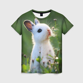 Женская футболка 3D с принтом Кролик , 100% полиэфир ( синтетическое хлопкоподобное полотно) | прямой крой, круглый вырез горловины, длина до линии бедер | animal | baby | cute | flowers | fluffy | hare | lawn | little | meadow | rabbit | животное | заяц | кролик | луг | лужайка | маленький | малыш | милый | пушистый | цветы