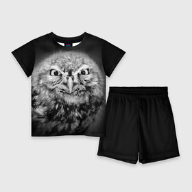 Детский костюм с шортами 3D с принтом Сова ,  |  | beak | bird | eyes | fear | hypnosis | look | night | owl | predator | взгляд | гипноз | глаза | клюв | ночь | птица | сова | хищник