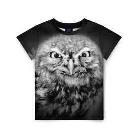 Детская футболка 3D с принтом Сова , 100% гипоаллергенный полиэфир | прямой крой, круглый вырез горловины, длина до линии бедер, чуть спущенное плечо, ткань немного тянется | beak | bird | eyes | fear | hypnosis | look | night | owl | predator | взгляд | гипноз | глаза | клюв | ночь | птица | сова | хищник