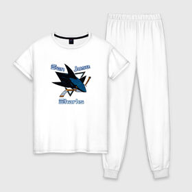 Женская пижама хлопок с принтом San Jose Sharks hockey , 100% хлопок | брюки и футболка прямого кроя, без карманов, на брюках мягкая резинка на поясе и по низу штанин | nhl | san jose sharks | спорт | хоккей