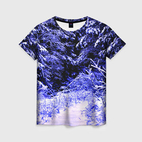 Женская футболка 3D с принтом Лес , 100% полиэфир ( синтетическое хлопкоподобное полотно) | прямой крой, круглый вырез горловины, длина до линии бедер | ёлка | ель | зима | природа | снег | снежный | фиолетовый