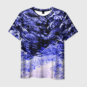 Мужская футболка 3D с принтом Лес , 100% полиэфир | прямой крой, круглый вырез горловины, длина до линии бедер | Тематика изображения на принте: ёлка | ель | зима | природа | снег | снежный | фиолетовый