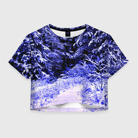 Женская футболка 3D укороченная с принтом Лес , 100% полиэстер | круглая горловина, длина футболки до линии талии, рукава с отворотами | ёлка | ель | зима | природа | снег | снежный | фиолетовый