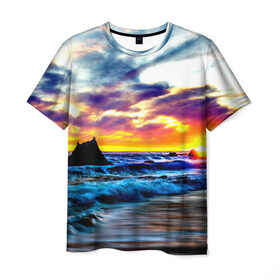 Мужская футболка 3D с принтом Прибой , 100% полиэфир | прямой крой, круглый вырез горловины, длина до линии бедер | вода | волны | закат | море | пляж