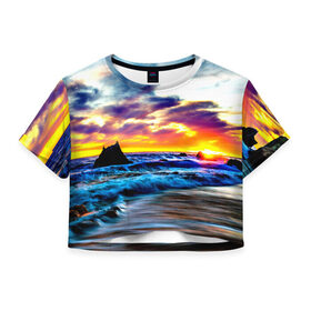 Женская футболка 3D укороченная с принтом Прибой , 100% полиэстер | круглая горловина, длина футболки до линии талии, рукава с отворотами | вода | волны | закат | море | пляж