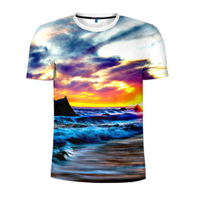 Мужская футболка 3D спортивная с принтом Прибой , 100% полиэстер с улучшенными характеристиками | приталенный силуэт, круглая горловина, широкие плечи, сужается к линии бедра | вода | волны | закат | море | пляж