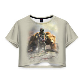 Женская футболка 3D укороченная с принтом Русский медведь и солдат , 100% полиэстер | круглая горловина, длина футболки до линии талии, рукава с отворотами | russia | армия | медведь | оружие | российская федерация | россия | русский  | рф | силовые структуры