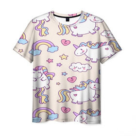 Мужская футболка 3D с принтом Радужные Единорожки , 100% полиэфир | прямой крой, круглый вырез горловины, длина до линии бедер | unicorn | белый | единорог | лошадь | облако | радуга | розовый | сердце | улыбка | фиолетовый | цвет