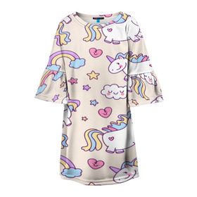Детское платье 3D с принтом Радужные Единорожки , 100% полиэстер | прямой силуэт, чуть расширенный к низу. Круглая горловина, на рукавах — воланы | unicorn | белый | единорог | лошадь | облако | радуга | розовый | сердце | улыбка | фиолетовый | цвет