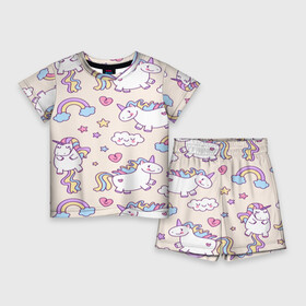 Детский костюм с шортами 3D с принтом Радужные Единорожки ,  |  | unicorn | белый | единорог | лошадь | облако | радуга | розовый | сердце | улыбка | фиолетовый | цвет
