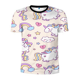 Мужская футболка 3D спортивная с принтом Радужные Единорожки , 100% полиэстер с улучшенными характеристиками | приталенный силуэт, круглая горловина, широкие плечи, сужается к линии бедра | unicorn | белый | единорог | лошадь | облако | радуга | розовый | сердце | улыбка | фиолетовый | цвет