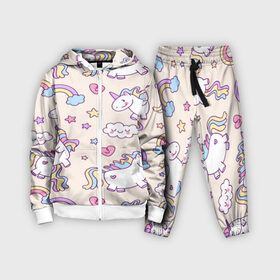 Детский костюм 3D с принтом Радужные Единорожки ,  |  | unicorn | белый | единорог | лошадь | облако | радуга | розовый | сердце | улыбка | фиолетовый | цвет