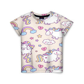 Детская футболка 3D с принтом Радужные Единорожки , 100% гипоаллергенный полиэфир | прямой крой, круглый вырез горловины, длина до линии бедер, чуть спущенное плечо, ткань немного тянется | unicorn | белый | единорог | лошадь | облако | радуга | розовый | сердце | улыбка | фиолетовый | цвет