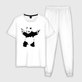 Мужская пижама хлопок с принтом Panda & Guns , 100% хлопок | брюки и футболка прямого кроя, без карманов, на брюках мягкая резинка на поясе и по низу штанин
 | Тематика изображения на принте: panda | крутой | оружие | панда | пистолет | револьвер | рисунок