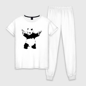 Женская пижама хлопок с принтом Panda & Guns , 100% хлопок | брюки и футболка прямого кроя, без карманов, на брюках мягкая резинка на поясе и по низу штанин | panda | крутой | оружие | панда | пистолет | револьвер | рисунок