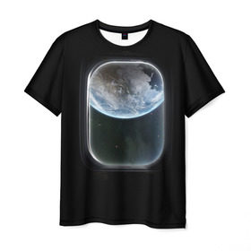 Мужская футболка 3D с принтом Земля в иллюминаторе , 100% полиэфир | прямой крой, круглый вырез горловины, длина до линии бедер | земля | космический корабль | космос | планета