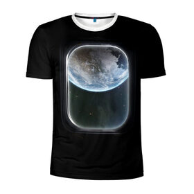 Мужская футболка 3D спортивная с принтом Земля в иллюминаторе , 100% полиэстер с улучшенными характеристиками | приталенный силуэт, круглая горловина, широкие плечи, сужается к линии бедра | Тематика изображения на принте: земля | космический корабль | космос | планета