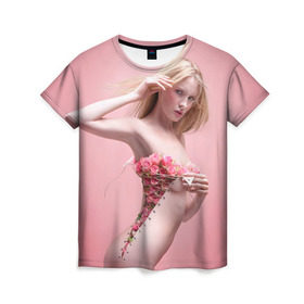 Женская футболка 3D с принтом Сюрреализм , 100% полиэфир ( синтетическое хлопкоподобное полотно) | прямой крой, круглый вырез горловины, длина до линии бедер | blonde | flowers | girl | lace | naked | nude | photo | surrealism | блондинка | девушка | сюрреализм | фото | цветы | шнуровка