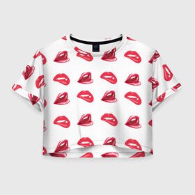 Женская футболка 3D укороченная с принтом Губы , 100% полиэстер | круглая горловина, длина футболки до линии талии, рукава с отворотами | lips | губы | зубы | помада | поцелуи | рот | улыбка | язык