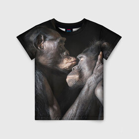 Детская футболка 3D с принтом Шимпанзе , 100% гипоаллергенный полиэфир | прямой крой, круглый вырез горловины, длина до линии бедер, чуть спущенное плечо, ткань немного тянется | chimps | family | feelings | kiss | monkeys | primates | любовь | обезьяны | поцелуй | приматы | семья | чувства | шимпанзе