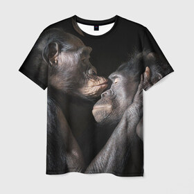 Мужская футболка 3D с принтом Шимпанзе , 100% полиэфир | прямой крой, круглый вырез горловины, длина до линии бедер | chimps | family | feelings | kiss | monkeys | primates | любовь | обезьяны | поцелуй | приматы | семья | чувства | шимпанзе