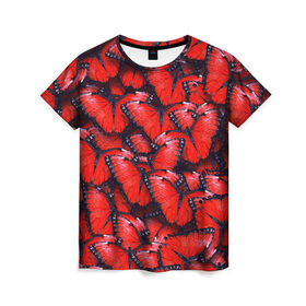 Женская футболка 3D с принтом Красные бабочки , 100% полиэфир ( синтетическое хлопкоподобное полотно) | прямой крой, круглый вырез горловины, длина до линии бедер | бабочки | крылья | паттерн