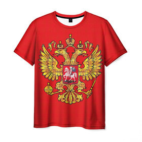 Мужская футболка 3D с принтом Герб России , 100% полиэфир | прямой крой, круглый вырез горловины, длина до линии бедер | вышивка | герб россии | двуглавый орел | держава | красный | москва | скипетр | фон