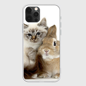 Чехол для iPhone 12 Pro Max с принтом Кот и кролик , Силикон |  | cat | cute | fluffy | friends | friendship | hug | kitty | rabbit | toddlers | дружба | друзья | кот | котенок | кролик | любовь | малыши | милые | обнимаются | пушистые