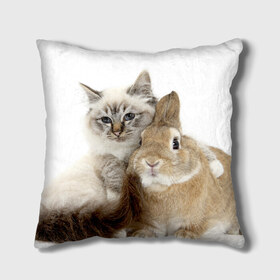 Подушка 3D с принтом Кот и кролик , наволочка – 100% полиэстер, наполнитель – холлофайбер (легкий наполнитель, не вызывает аллергию). | состоит из подушки и наволочки. Наволочка на молнии, легко снимается для стирки | cat | cute | fluffy | friends | friendship | hug | kitty | rabbit | toddlers | дружба | друзья | кот | котенок | кролик | любовь | малыши | милые | обнимаются | пушистые