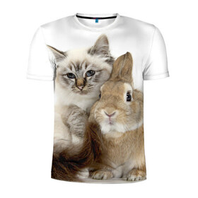 Мужская футболка 3D спортивная с принтом Кот и кролик , 100% полиэстер с улучшенными характеристиками | приталенный силуэт, круглая горловина, широкие плечи, сужается к линии бедра | Тематика изображения на принте: cat | cute | fluffy | friends | friendship | hug | kitty | rabbit | toddlers | дружба | друзья | кот | котенок | кролик | любовь | малыши | милые | обнимаются | пушистые