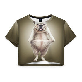Женская футболка 3D укороченная с принтом Бульдог английский , 100% полиэстер | круглая горловина, длина футболки до линии талии, рукава с отворотами | animals | breed | dog | english bulldog | funny | joke | pants | surrealism | бульдог английский | животное | порода | прикол | собака | сюрреализм | шутка