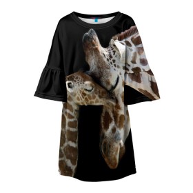 Детское платье 3D с принтом Жирафы , 100% полиэстер | прямой силуэт, чуть расширенный к низу. Круглая горловина, на рукавах — воланы | Тематика изображения на принте: africa | animals | baby | child | family | giraffes | head | mother | африка | головы | животные | жирафы | любовь | малыш | мама | ребенок | семья