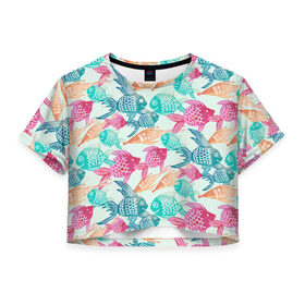 Женская футболка 3D укороченная с принтом Рыбный арт , 100% полиэстер | круглая горловина, длина футболки до линии талии, рукава с отворотами | море | рыбы