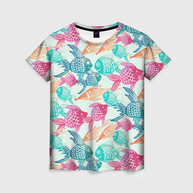 Женская футболка 3D с принтом Рыбный арт , 100% полиэфир ( синтетическое хлопкоподобное полотно) | прямой крой, круглый вырез горловины, длина до линии бедер | море | рыбы