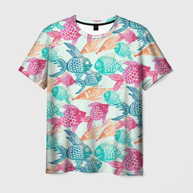 Мужская футболка 3D с принтом Рыбный арт , 100% полиэфир | прямой крой, круглый вырез горловины, длина до линии бедер | море | рыбы