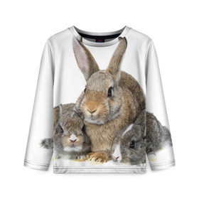 Детский лонгслив 3D с принтом Кролики , 100% полиэстер | длинные рукава, круглый вырез горловины, полуприлегающий силуэт
 | animals | bunnies | cute | eared | family | fluffy | kids | mom | rabbits | животные | зайцы | кролики | малыши | мама | милые | пушистые | семья | ушастые