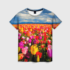 Женская футболка 3D с принтом Тюльпаны , 100% полиэфир ( синтетическое хлопкоподобное полотно) | прямой крой, круглый вырез горловины, длина до линии бедер | белые | поле | природа | тюльпан | цветок