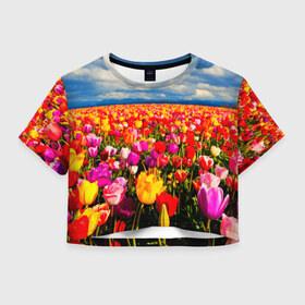 Женская футболка 3D укороченная с принтом Тюльпаны , 100% полиэстер | круглая горловина, длина футболки до линии талии, рукава с отворотами | белые | поле | природа | тюльпан | цветок
