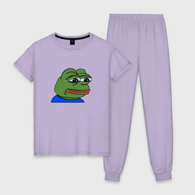 Женская пижама хлопок с принтом sad frog , 100% хлопок | брюки и футболка прямого кроя, без карманов, на брюках мягкая резинка на поясе и по низу штанин | Тематика изображения на принте: pepe | грустная | мемы | пепе
