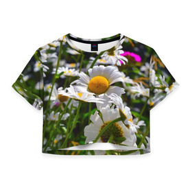Женская футболка 3D укороченная с принтом Ромашки , 100% полиэстер | круглая горловина, длина футболки до линии талии, рукава с отворотами | желтая | лепесток | природа | ромашка | цветок | яркая