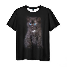 Мужская футболка 3D с принтом Чёрный котёнок , 100% полиэфир | прямой крой, круглый вырез горловины, длина до линии бедер | киска | кот | кошка